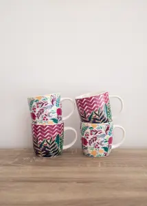 KitchenCraft Set of 4 Exotic Floral / Chevron Mugs