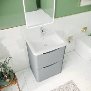 Floor Standing 2 Drawer Vanity Basin Unit with Polymarble Basin, 600mm - Satin Grey