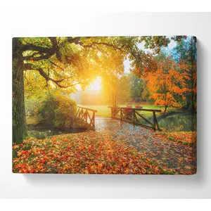 Woodland Bridge Autumn Tranquility - Wrapped Canvas Print 50.8cm H x 81.3cm W