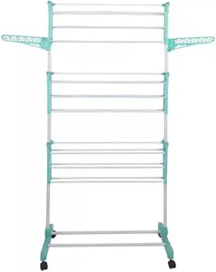 4 Tier Clothes Drying Rack Airer Foldable Adjustable Powder Coated Frame Wheel with Two Side Wings Dryer Racks & Shoe Stand Blue