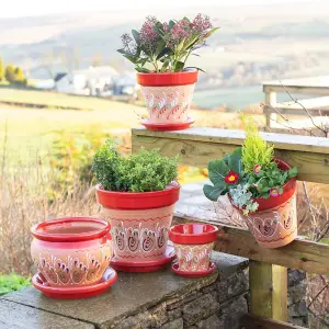 Inca Red Hand Painted Set of 3 Outdoor Garden Classic Plant Pots (D) 16-29cm