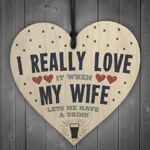 Red Ocean Love My Wife Lets Me Drink Funny Novelty Wooden Hanging Heart Man Cave Sign Gift Plaque