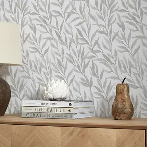 Willow Leaf Wallpaper In Grey on White