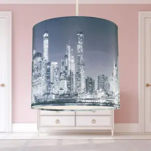 First Choice Lighting 20cm Lamp Shade Ceiling Light Digital Printed Fabric New York Skyline At Night