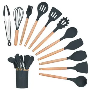 Silicone Cooking Utensils Kitchen Utensil Set, 12 Pieces Natural Wooden Handles Cooking Tool BPA Free Non Toxic Silicone Turner Tongs Spatula Spoon Kitchen Gadgets Utensil Set (Purple) Grey