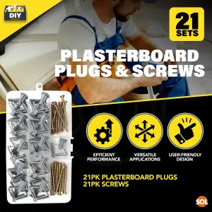 SOL 21pk Plasterboard Plugs and 21pk 36mmx12mm Plasterboard Screws, Plugs and Screws Plasterboard Fixings, Cavity Wall Fixings for