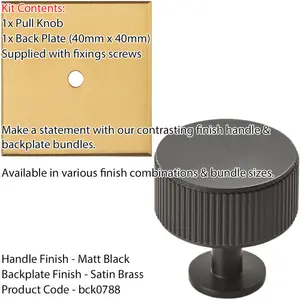 Cabinet Door Knob & Contrasting Backplate Set - Reeded Kitchen Pull - Matt Black & Satin Brass