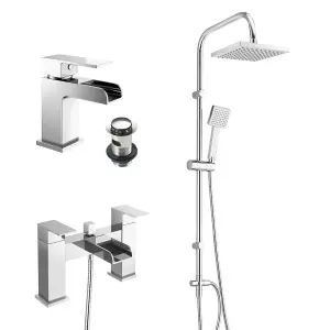 Square Over Head 3 Way Rigid Riser Shower Kit with Waterfall Bath Shower Mixer & Basin Tap Set