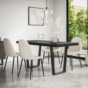 Aria Dining Table And Chairs -  Black Table Top w Black Legs + Maya Boucle Dining Chair Set Of 6 (Ivory White)