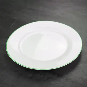 Set of 4 Durable White Ceramic Dinner Plates with Elegant Green Rim