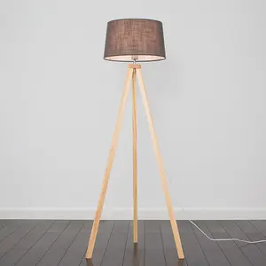 ValueLights Barbro Modern Light Wood Tripod Design Floor Lamp with Grey Tapered Shade - Includes 6w LED GLS Bulb 3000K Warm White