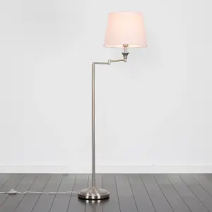 ValueLights Sinatra Adjustable Swing Arm Floor Lamp In Brushed Chrome Finish with Pink Tapered Light Shade with LED GLS Bulb