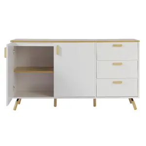 140 x 40 x 78cm Multi-Use Storage Cabinet with Solid Wood Top Double Doors and 3 Drawers in White