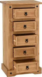 Corona 5 Drawer Narrow Chest of Drawers Distressed Waxed Pine Metal Handles