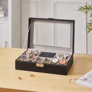 Elegant Black 8-Slot PU Leather Watch Display Box with Transparent Lid and Velvet Lining