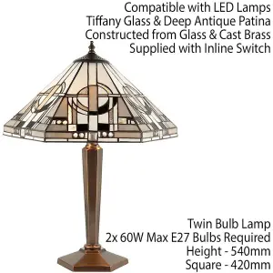 Tiffany Glass Table Lamp Light Antique Patina Bronze & Art Deco Hex Shade i00219