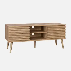 sweeek. 2-door TV stand with grooved wood effect Madere Natural 120x39x51.5 cm