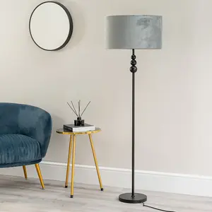 ValueLights Marissa Matt Black Stacked Ball Floor Lamp with Grey Velvet Shade