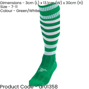 ADULT Size 7-11 Hooped Stripe Football Socks - GREEN/WHITE Contoured Ankle