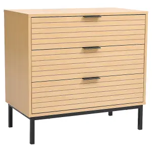 Brown Slatted Effect 3 Drawers Chest Bedside Table Bedroom Dresser Cabinet H 690 x W 720 x D 400 mm