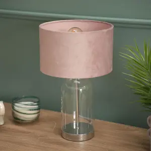 ValueLights Jessy Glass and Silver Chrome Metal Bedside Table Lamp with a Blush Pink Velvet Lampshade - Bulb Included