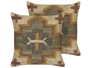 Set of 2 Cushions PULICAT Jute 45 x 45 cm Geometric Green