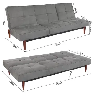 Grey 3 Seater Faux Suede Sofa Bed Convertible Chaise Lounge Couch with Wood Legs