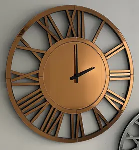 MiHOMEUK Roman Numeral Rose Gold Mirrored Wall Clock with Attached Wall Mount