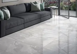 Fog Light Grey Marble Effect Glossy 600mm x 600mm Porcelain Wall & Floor Tiles (Pack of 4 w/ Coverage of 1.44m2)