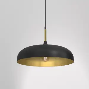 Milagro Lincoln Black 45CM Pendant Lamp Stylish Hand Made Scandi Style Lamp With A Golden Finish To The Shade Interior 1XE27