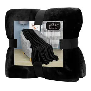 EHC Super Soft Fluffy Snugly Solid Flannel Fleece Throws for Sofa Bed Blankets, Black 125 x 150cm