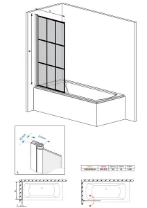 SunDaze 6mm Toughened Safety Glass Black Grid Straight Pivot Shower Bath Screen - 1400x800mm