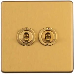 2 Gang Double Retro Toggle Light Switch SCREWLESS SATIN BRASS 10A 2 Way Lever