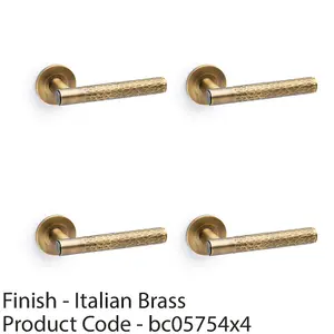 4 PACK - SOLID BRASS Hammered Door Handle Set - Italian Brass Straight Lever Round Rose