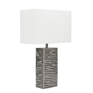 ValueLights Etienne Modern Silver Ripple Effect Ceramic Table Lamp with White Light Shade and LED Bulb