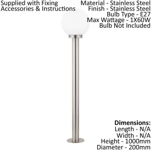 IP44 Outdoor Bollard Light Stainless Steel & Orb 1 x 60W E27 1000mm Lamp Post