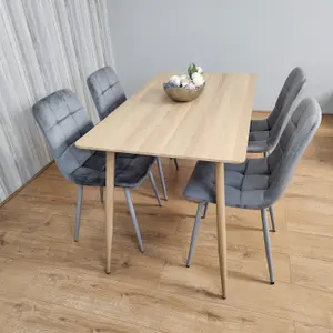 Rectangle Oak Effect Kitchen Dining Table With 4 Grey Velvet Tufted Chairs Dining Set