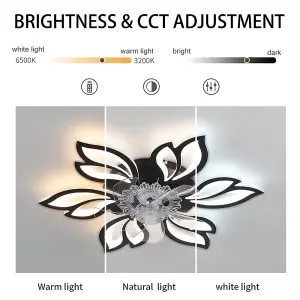 Black Modern Flower Shape Ceiling Fan with Light with Remote Control 65cm Dia