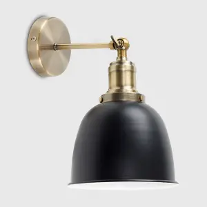 ValueLights Wilhelm Antique Brass Adjustable Knuckle Joint Wall Light with Gloss Black Dome Shade