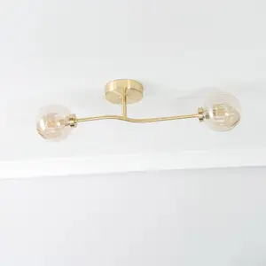 ValueLights Chessy Gold Metal Bar 2 Way Ceiling Light with Amber Ribbed Glass Globe Shades