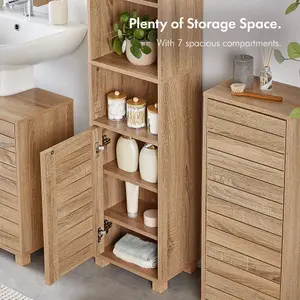 VonHaus Tall Bathroom Cabinet, Oak Wood Effect Bathroom Tallboy Unit, Slatted Bathroom Storage for Kitchen and Hallway, Chester