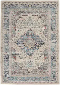 Ivory Blue Shaggy Luxurious Traditional Persian Easy to Clean Bordered Geometric Rug For Dining Room -61cm X 115cm