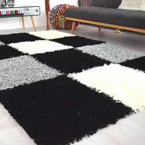 Black & Grey Checked Thick Shaggy Rug - California