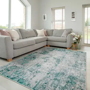 Silver Green Distressed Abstract Modern Textured Area Rug 80x150cm