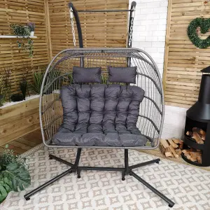 Samuel Alexander Grey Luxury 2 Seater Double Hanging Egg Chair Garden Outdoor Swing Folding Cocoon Chair Rattan Garden Furniture