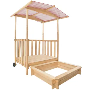 Sandpit - with seating areas and sunshade, play deck with railing, transport wheels - red