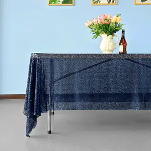 Neel Blue 70x108 Inch Rectangle Sequin Tablecloth, Navy