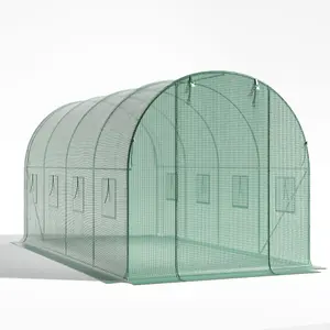 Green Walk In Steel Frame Garden Tunnel Greenhouse with Roll Up Door Windows, 4x3x2M