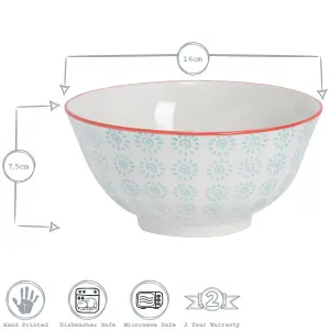 Nicola Spring - Hand-Printed Cereal Bowls - 16cm - Turquoise - Pack of 6