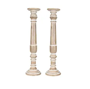 SET OF 2 Rustic Antique Carved Wooden Pillar Church Candle Holder, Natural,XX Large 63cm